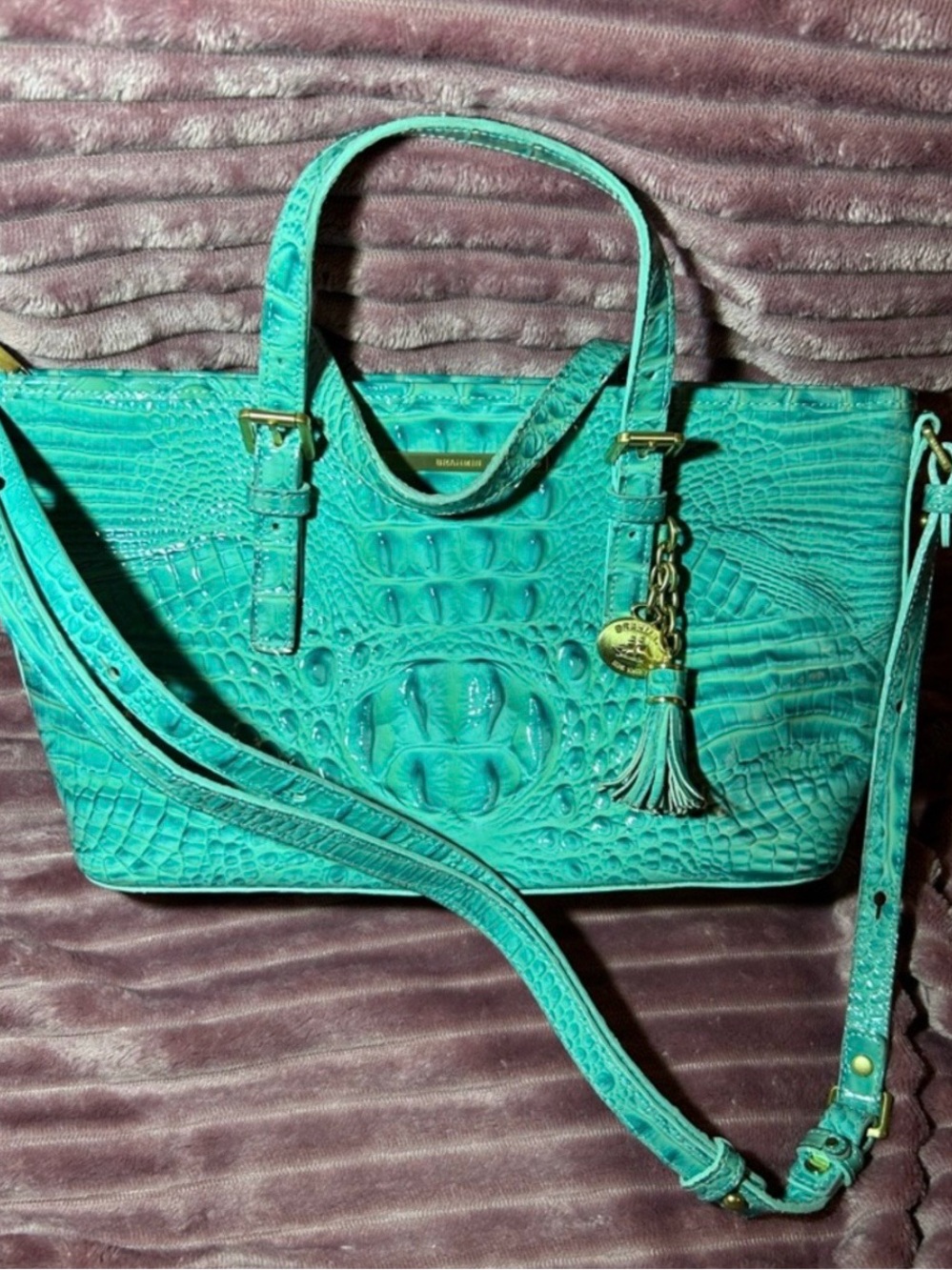 Brahmin Turquoise Croc-Embossed Tote with Removable Strap